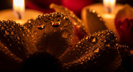 Water drops on flower petals with candles in background, close upの写真素材