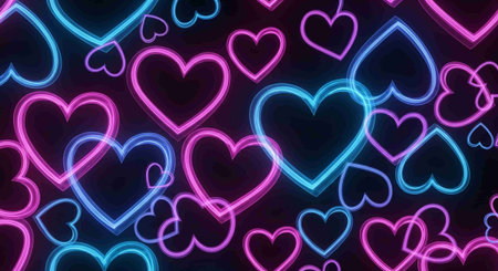 Neon hearts on a dark background. Valentine's day background.の写真素材