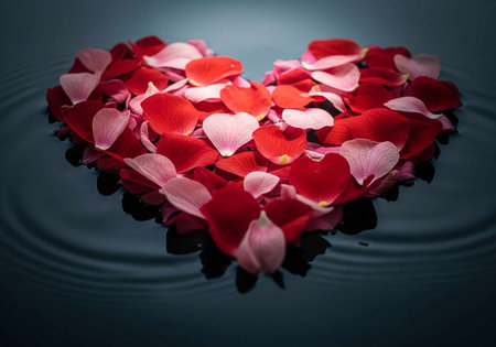 Red rose petals in the shape of a heart on water surfaceの写真素材