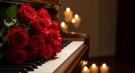 Bouquet of red roses on the piano with candles in the backgroundの写真素材