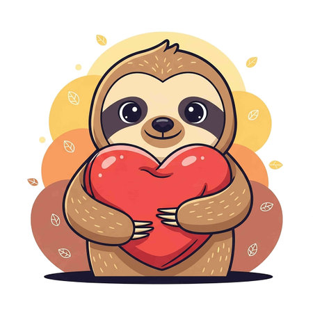 Cute cartoon sloth holding red heart. Vector illustration for your designの写真素材