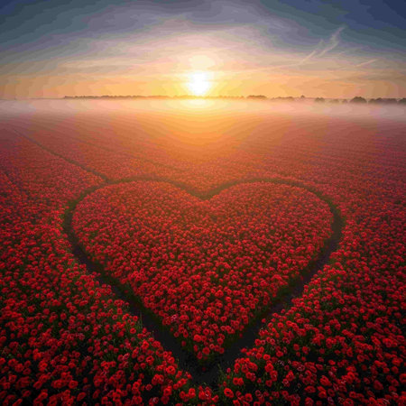 Heart shaped field of red tulips in the sunset, vector illustrationの写真素材