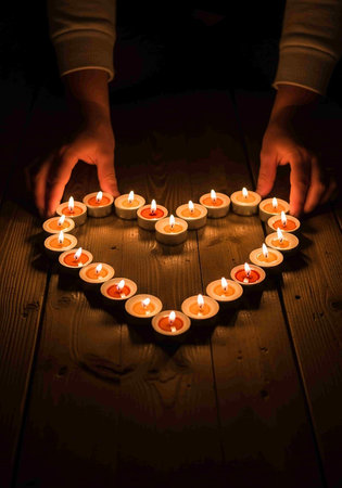 Candles in the shape of a heart on a wooden table.