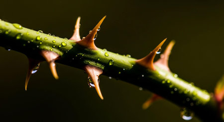 Water droplets on the stem of a prickly plant. Macroの写真素材