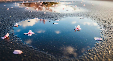 cherry blossom petals on the surface of a puddleの写真素材