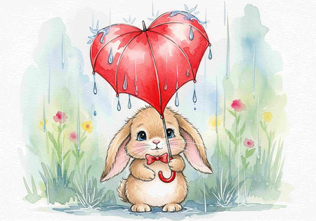 Cute cartoon bunny with umbrella. Watercolor hand drawn illustration.の写真素材
