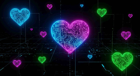 Abstract digital background with circuit board and hearts. 3D Rendering