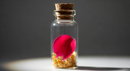 Rose petals in a small glass bottle on a dark background.の写真素材