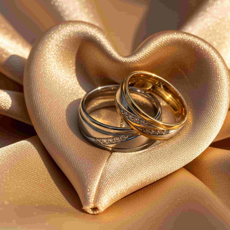 wedding rings on a golden satin background, close up