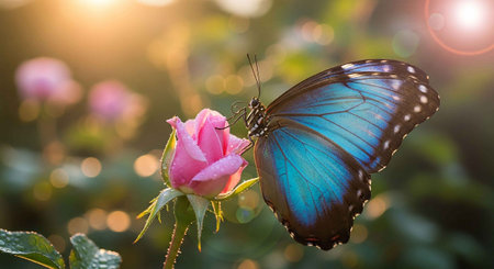 Blue butterfly on pink rose flower in the garden, nature background.の写真素材
