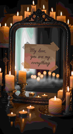 Vintage mirror with burning candles on dark background. Vector illustration.