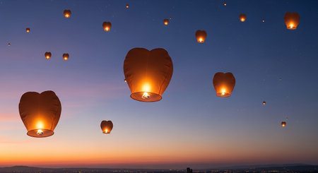 Colorful hot air balloons flying in the sky at sunset, Chiang Mai, Thailandの写真素材
