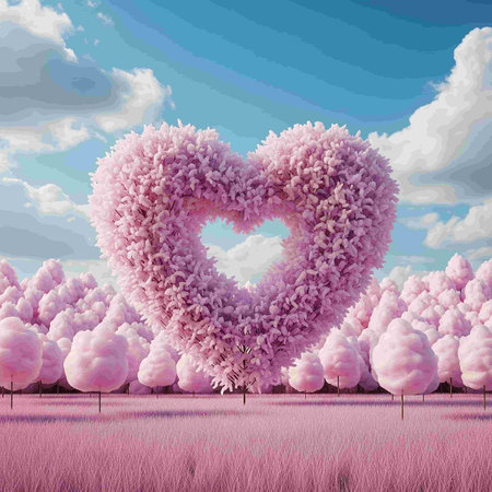 Pink heart in the field with pink trees and clouds in the sky