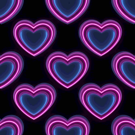 Seamless pattern with glowing hearts on a black background. Vector illustration.