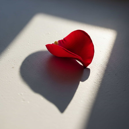 Red rose petals on a white wall with shadow and sunlight.の写真素材