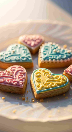 Colorful heart-shaped cookies on a plate, close-up