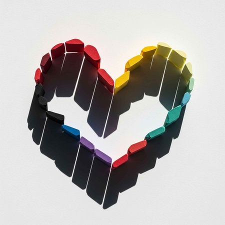 Heart made of multicolored dominoes on a white backgroundの写真素材