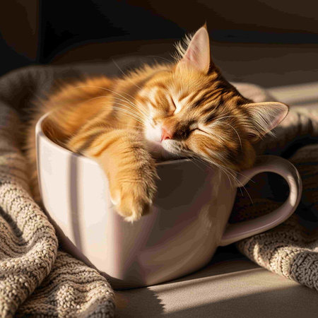 Cute ginger cat sleeping in a cup of coffee or tea.
