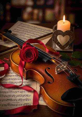 Violin and rose on a wooden table with music sheets and candles