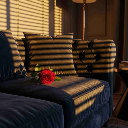 Luxury sofa with a red rose in the room with blindsの写真素材