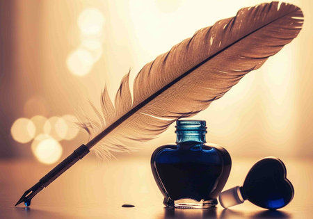 Feather pen and inkwell on bokeh background close upの写真素材