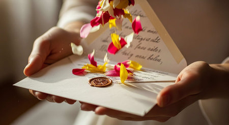 wedding rings in the hands of the bride on the background of the wedding cardの写真素材