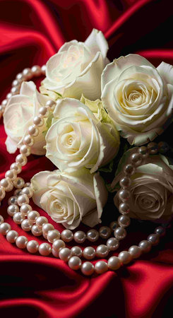 Bouquet of white roses and pearls on red satin backgroundの写真素材