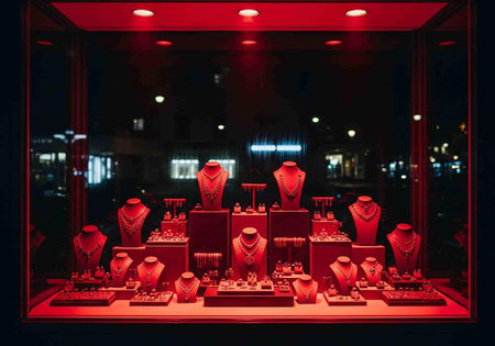 Shop window with red jewelry on display. Luxury jewelry store window.の写真素材