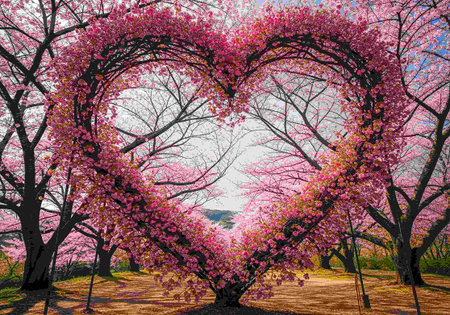 Heart shape of pink cherry blossom tree in the park. 3D rendering