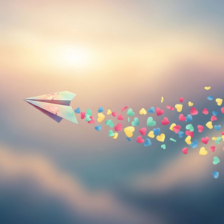 Paper plane flying in the sky with colorful hearts. Vector illustration.の写真素材