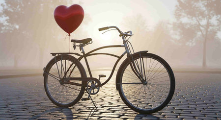 Bicycle with heart shaped balloon in the morning. Love concept.の写真素材