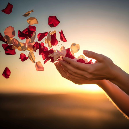 Rose petals fly in the air against the background of the setting sunの写真素材