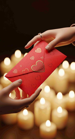 valentine's day concept with red envelope with heart and candles