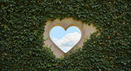 Heart shaped window with green ivy and blue sky as a backgroundの写真素材