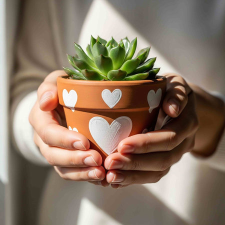 Female hands holding a pot with a succulent plant and a heartの写真素材