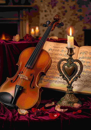 Violin and candle on the background of the ancient music book.の写真素材