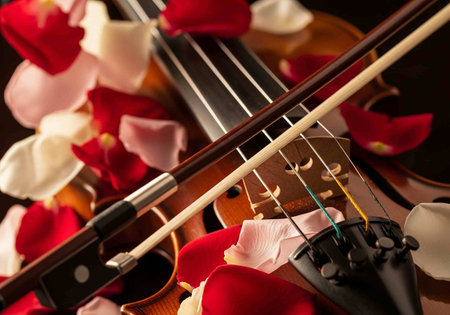 Violin and rose petals on a black background, close upの写真素材