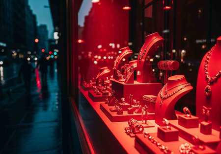 shop window with jewelry at night.の写真素材