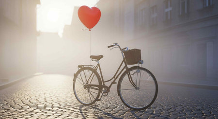 Bicycle with heart shaped balloon in the city. Valentine's day conceptの写真素材