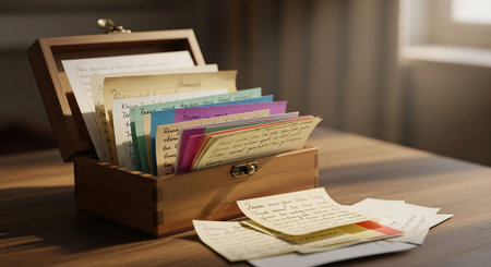 Wooden casket with colorful envelopes on a wooden table.の写真素材