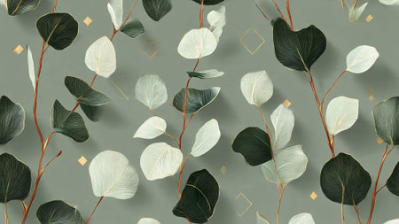 Eucalyptus leaves seamless pattern. Flat lay, top view. Floral backgroundの写真素材