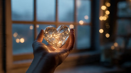 Heart shaped glass in hand on background of window with bokehの写真素材
