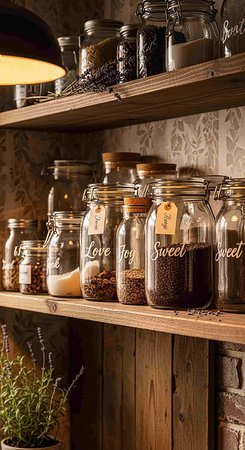 Glass jars with coffee beans on a shelf in a rustic kitchen