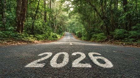 2020 new year written on asphalt road in the forest for new year conceptの写真素材