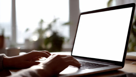 Close up of female hands typing on laptop with blank white screen.の写真素材