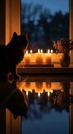 Cat in front of a window with candles reflected in the water.の写真素材
