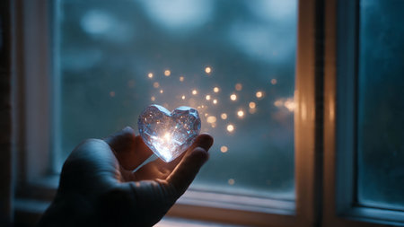 Hand holding a crystal heart on the background of the window. Valentine's day conceptの写真素材