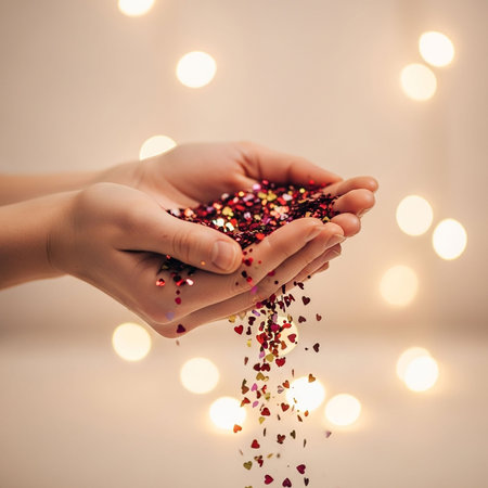 Female hands with glittering confetti on bokeh lights backgroundの写真素材
