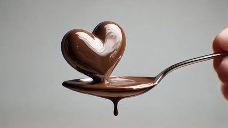 Spoon with chocolate syrup and heart on a gray background, close upの写真素材