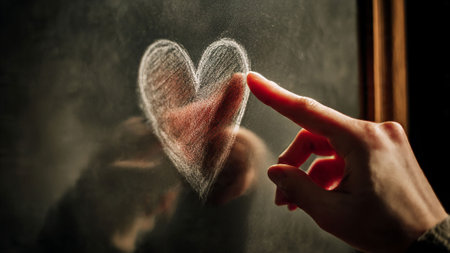 Man's hand draws a heart on the glass. The concept of love and romance.の写真素材
